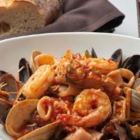 Zuppa Di Pesce · Clams, mussels, calamari, shrimp, salmon, marinara, and linguini.
