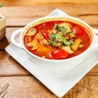 Tom Yum Gai Soup · Little spicy. Lemongrass broth with chicken, tomatoes, mushrooms, lime juice, and cilantro.