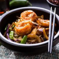 Lunch-Bangkok Basil Shrimp · Sauteed mushrooms, Zucchini, Bell Peppers, Asparagus & basil with Thai style brown sauce