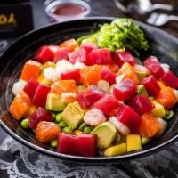 Toa Special Bowl (D) · Salmon, tuna, shrimp, white tuna, seaweed salad, mango, onion crisps, edamame, avocado.  wit...