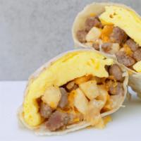 Sausage Breakfast Burrito · Potato, eggs, sausage, and cheddar cheese.