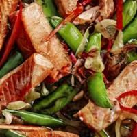 Xo Salmon Lunch Special · Scottish salmon, red peppers, snow peas, celery, red onions and xo sauce.