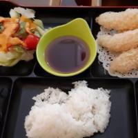 Shrimp Tempura Lunch Box · Includes miso soup, salad, shrimp shumai and California rolls.