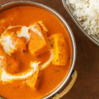 Paneer Tikka Masala · Paneer tikka in a creamy sauce. Served with a side of rice.