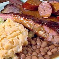 Brisket Plate · Includes baked beans and potato salad.