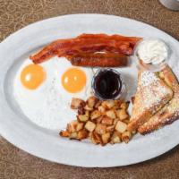 Sampler · Two eggs any style with bacon, sausage, breakfast potatoes and a slice of French toast.