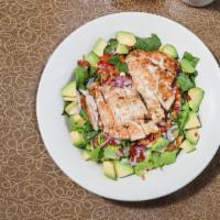 Cobb Salad · Chopped romaine hearts with sliced chicken breast, bacon, avocado. Tomatoes, red onion, and ...