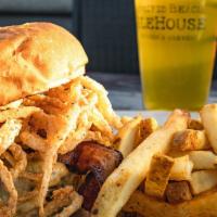Beer Cheeseburger · Beer cheese, bacon, fried onions.