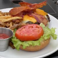Applewood Bacon Cheeseburger · Angus burger, applewood bacon, Vermont white Cheddar, Canadian Cheddar, tomato and crispy le...