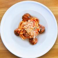 Spaghetti Con Polpette · spaghetti and slow braised meatballs