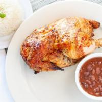 Chicken (Half) · Served with two sides of your choice, fried plaintains, French fries, rice, beans, yucca, or...