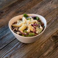 Gorgonzola-Pear Salad · Candied walnuts, gorgonzola cheese, dried cranberries, pears, red onion, and fresh romaine l...