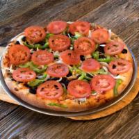 The Vegetarian · Fresh mushrooms, black olives, onions, green peppers, and fresh roma tomatoes.