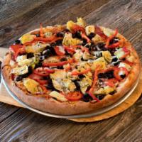 The Sicilian · Marinated artichoke hearts, canadian-style bacon, black olives, and red peppers.