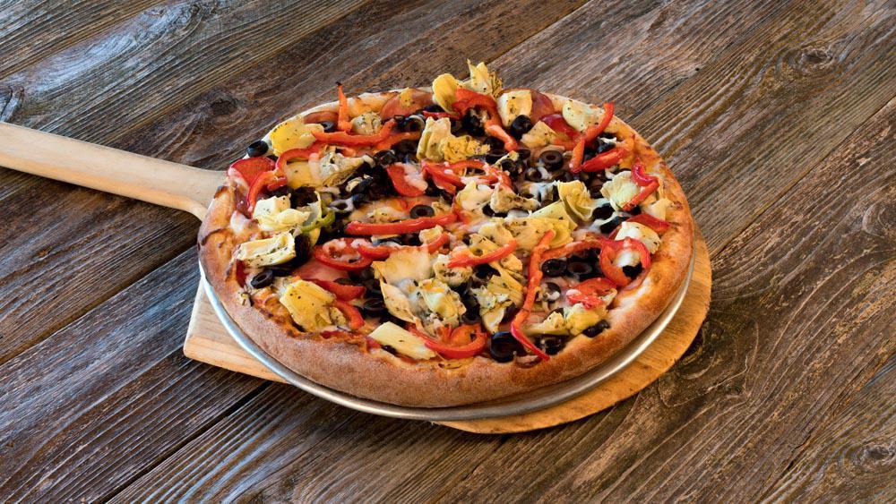 The Sicilian · Marinated artichoke hearts, canadian-style bacon, black olives, and red peppers.