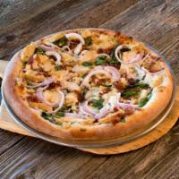 The Farmhouse · Grilled chicken, hickory bacon, red onions and spinach over ranch sauce.