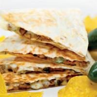 Quesadilla · Twelve inch tortilla filled with choice of protein, toppings, and sauce. Folded in half and ...