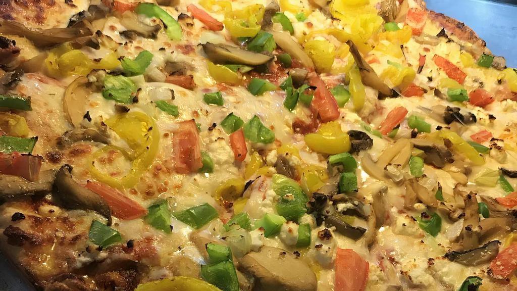 Veggie Pizza · Onions, mushrooms, green peppers, and black olives.