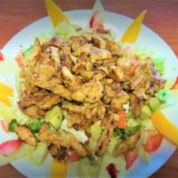 Grilled Chicken Salad · Comes with fresh romaine lettuce, grape tomatoes, cucumbers, olives, carrots, and a dash of ...