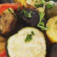 Verdure Grigliate (Antipasto Vegetale) · Grilled vegetable medley. Eggplant, zucchine, yellow squash, multi colored bell peppers