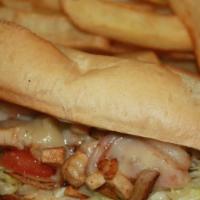 Chicken Rotisserie Sub W/ French Fries  · Chicken Rotisserie Sub w/ Provolone Cheese, Lettuce, Tomato, Mayo, Fried onion and French Fr...