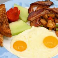 Eggs&Bacon · Two eggs, three bacon strips, homefries and toast