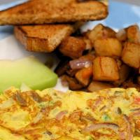 Hopsfrog Omelet · Three-egg omelet with onions, bell peppers, jalapeños, salsa and cheese, homefries and toast