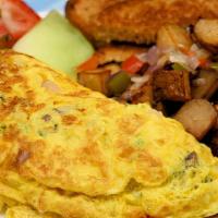 Western Omelet · Three-egg omelet with mushrooms, peppers, onions, capicola ham and cheese, homefries and toast