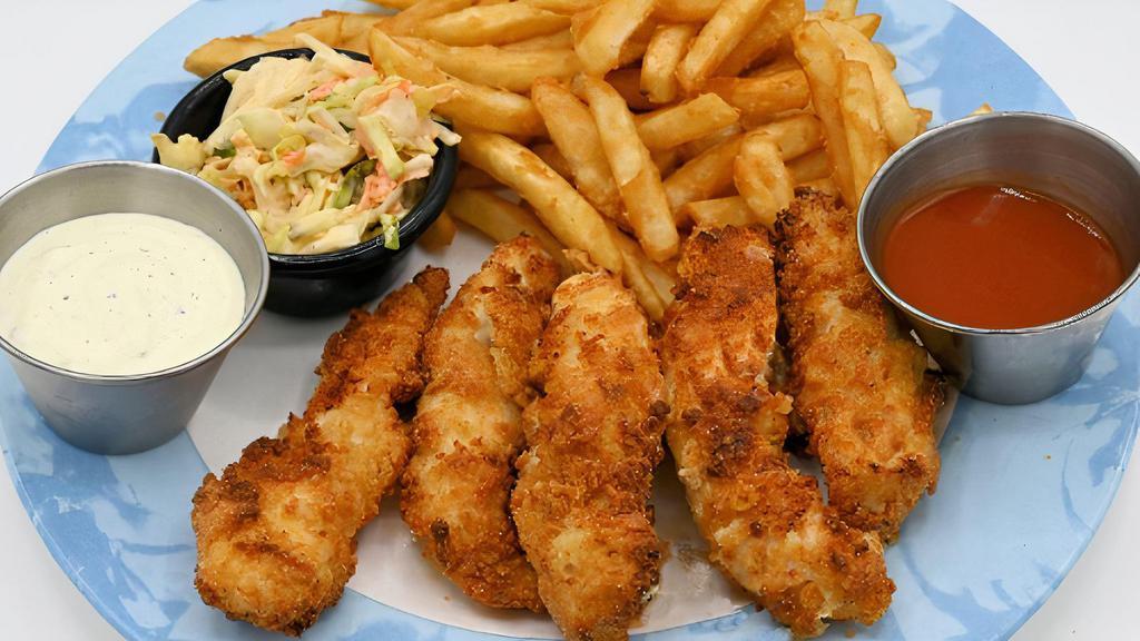 Chicken Tenders · Homemade breaded to order, golden fried all natural chicken tenders with fries, coleslaw and your choice of sauce