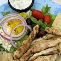 Chicken Gyro Platter · Grilled chicken breast platter with toasted pita, lettuce, tomatoes, onions, feta cheese, tz...