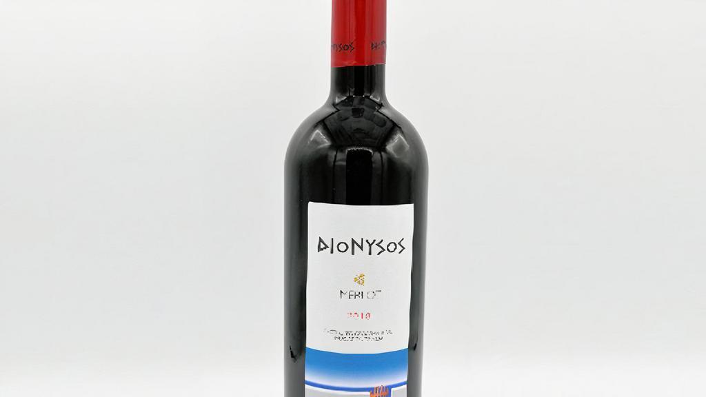 Bt-Dionysos Merlot · Peloponnese, Greece - Bright ruby color with purple hues. It has a fresh complex aromatic nose with notes of spice, red fruits, cherries and blueberries. Not your typical Merlot, this shows the terroir of the southern Peloponnese along with a lovely freshness balancing the soft fruit.