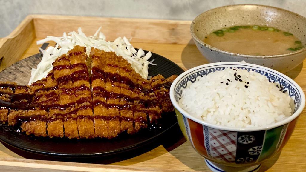 Tonkstsu · Gluten-free. Deep-fried Pork cutlet with Rice and Miso soup.