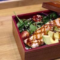 Salmon · Gluten-free. Salmon seared with sake, served with rice or salad, spring mix, avocado, and yu...