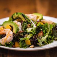 Gluten-Free Shrimp & Grilled Avocado Salad · grilled shrimp, mango, avocado, red onion,. almonds, mixed greens, meyer lemon vinaigrette.