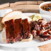 Ribs & One Meat Dinner · Three ribs, plus your choice of pulled pork, brisket, turkey, ham, sausage, or 1/4 chicken. ...