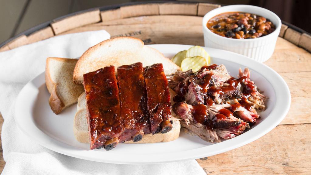 Ribs & One Meat Dinner · Three ribs, plus your choice of pulled pork, brisket, turkey, ham, sausage, or 1/4 chicken. Served with one side dish and Texas toast.