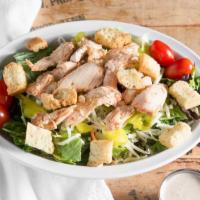 Smoked Chicken Salad · Mixed greens, pepperoncinis, cherry tomatoes, shredded provolone, and croutons. Topped with ...