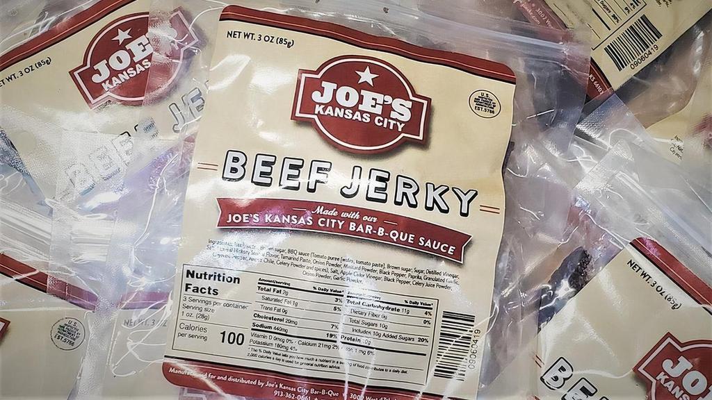 Joe'S Kansas City Original Beef Jerky · Moist, tender, smoky, beefy. Joe's brisket is barbecue at its best! Now, Joe's has taken it to the next level by coating it their our original bar-b-que sauce and turning it into beef jerky. Tender, with a little spice. Perfect for road trippin' or gift givin'!. Gluten and MSG free. 3 Servings per package. Beef Jerky - One package, 3 oz.