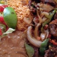 Grill Beef Plate · With rice, beans, salad.