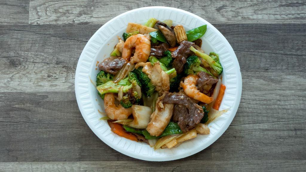 Triple Delight · Shrimp chicken, beef sauteed with mixed vegetables