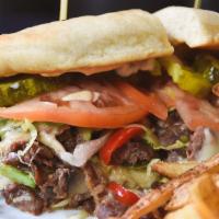 Detroit Delmar Philly  · Sirloin, spicy pickles, mushrooms, peppers and onions, melted Swiss, spicy mayo, shredded le...