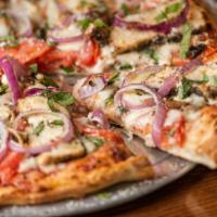 Pizza Pollo · Grilled chicken, spinach, mushrooms, red onion, tomatoes, garlic.