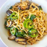 Judy'S Noodles · Spicy. Spinach, shiitake mushroom, jalapeño, green onion, garlic wine sauce