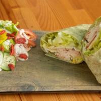 Southwest Wrap · Spinach tortilla, spicy chicken, provolone, mayo, mustard, lettuce, tomatoes, onion and avoc...