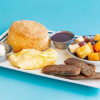 Belly Board · Sausage Links, two eggs your way, a biscuit with jam and your choice of hash or fruit.