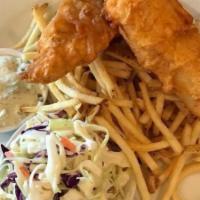 Fish & Chips · beer-battered fresh halibut fillets, julieen-cut french fries, coleslaw, ginger remoulade