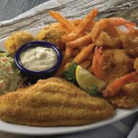 Southern Fried Seafood Platter · Fried shrimp and a Delta Catfish fillet, hand-breaded and crispy fried, garnished with hushp...