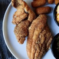 Delta Catfish Plate · Two fillets, hand-breaded & crispy-fried, garnished with Hushpuppies, Cole Slaw,  served wit...