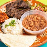 Carne Asada · Served with rice, pico de gallo and beans.