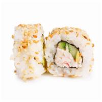 Spider Roll · 6 pieces soft shell crab, cucumber and avocado inside, topped with fish eggs and eel sauce.